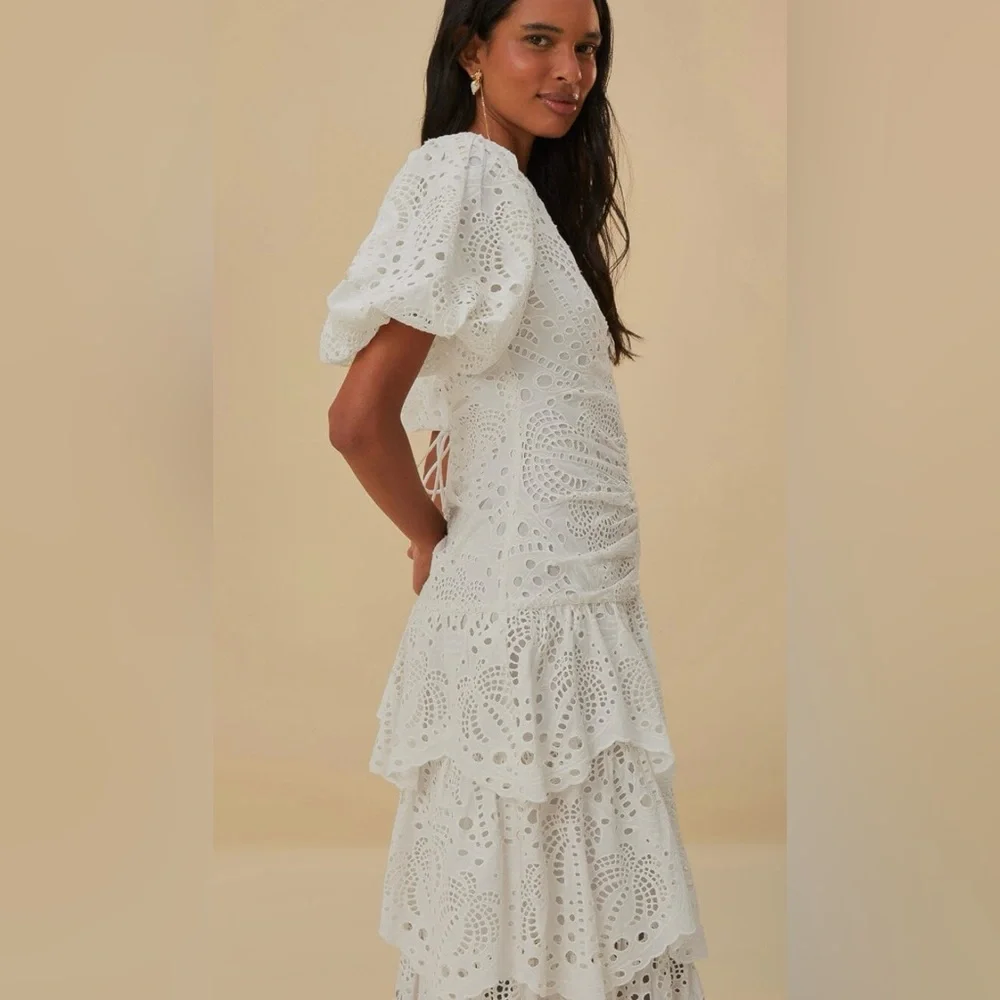 NEW FARM RIO White Cotton Eyelet Puff Sleeve Midi Dress Small - Picture 2 of 6